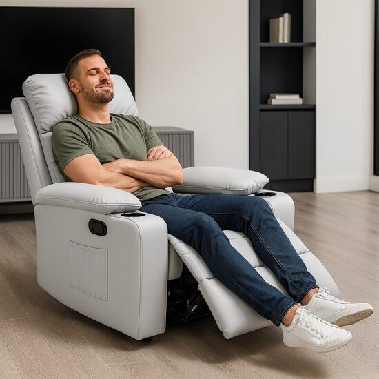 Atgāžams krēsls ar dzērienu turētāju, gaisi pelēka eko āda